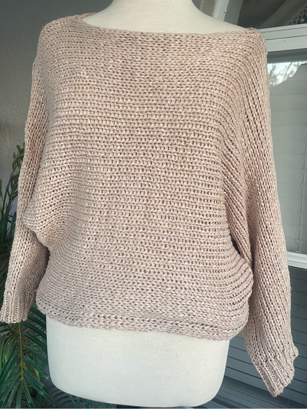 Aakaa Off-Shoulder Lightweight Knit Sweater in Blush Beige